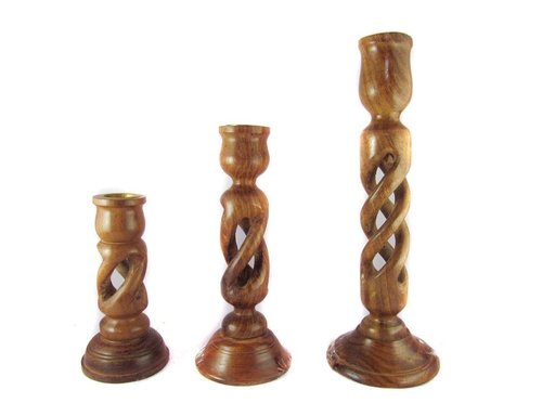 Desi Karigar Beautiful duel spiral design set of 3 wooden candle holder By DESI KARIGAR