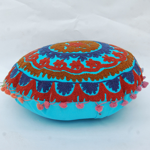 Multi Uzbek Traditional Suzani Embroidery Round Cushion Cover