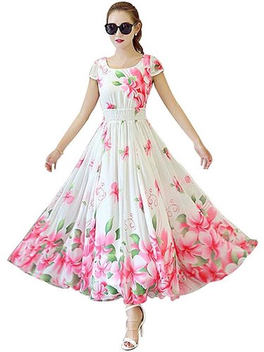 Ladies Designer Dress - Polyester, Bust Size: 914.4 mm, Length: 660.4 mm, Color: Pink & White, Pattern: Printed, Features: Cool Dry, Quick Dry, No Closure, Sleeveless