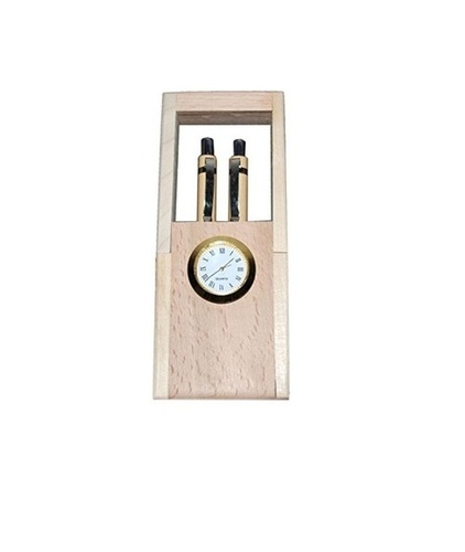 Desi Karigar Brown Wooden Handicrafts Showpiece Pen Stand With Clock