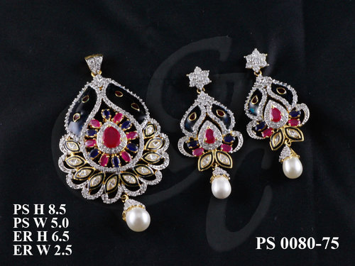 Pendant Set - Gold Plated Cz, 8.5x5.0 Cm Pendant, 6.5x2.5 Cm Earrings, Black | Party Wear, Elegant Design, Gift Option