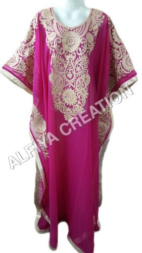 Rose pink golden thread work farasha kaftan jilbab