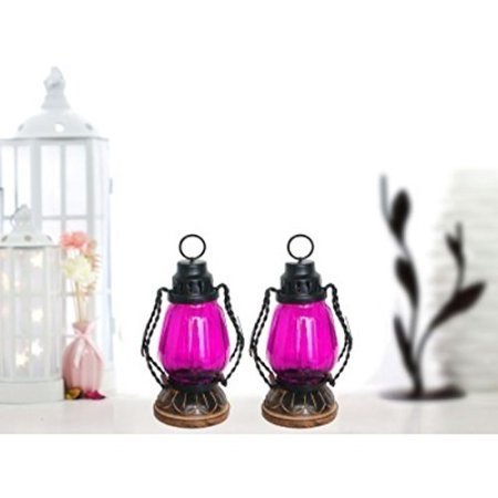 Desi Karigar  Pink Wooden, Glass Lantern Size(LxBxH-4.5x4.5x8.5) Inch Pack Of 2