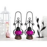 Desi Karigar Pink Wooden, Glass Lantern Size(LxBxH-5.25x5.25x13.5) Inch Pack Of 2