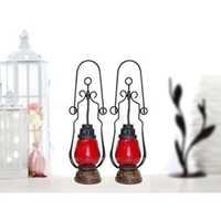 Desi Karigar Red Wooden, Glass Lantern Size(lxbxh-4.5x4.5x15.25) Inch Pack Of 2