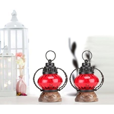 Desi Karigar  Red Wooden, Glass Lantern Size(LxBxH-5X5X7) Inch Pack Of 2