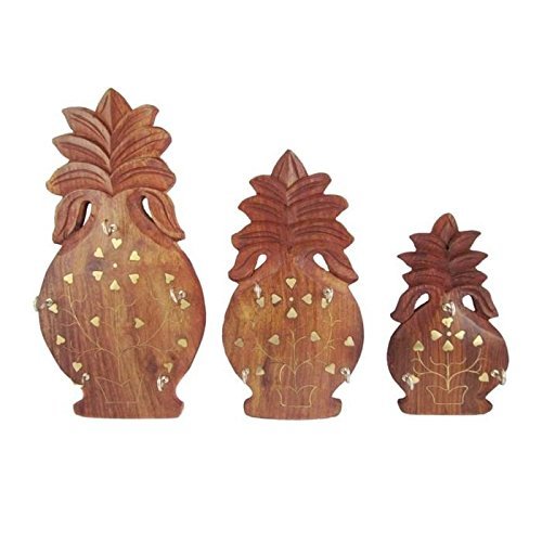 Desi Karigar Set Of 3 Wooden Pineapple Shaped Key Hanger Panel With Brass Work