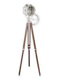 Designer Hexagon Look Chrome Floor Lamp With Wooden Tripod Stand