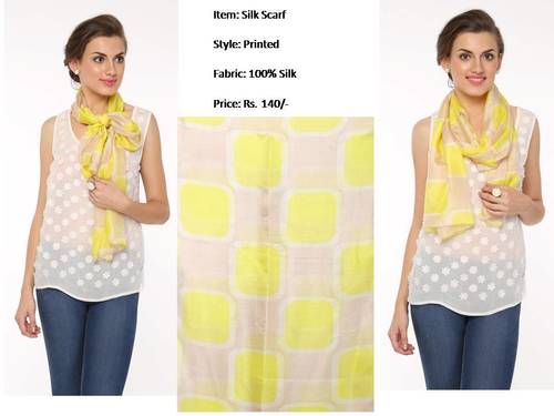 Silk Printed Scarf - 2032mm Length, Yellow Color | Soft and Delicate, Quick Dry, All Season