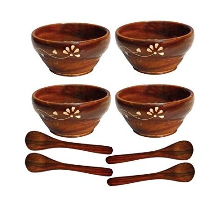 Desi Karigar Wooden Bowls & Spoons Set Of 4 Size-LxBxH-4x4x2 Inch