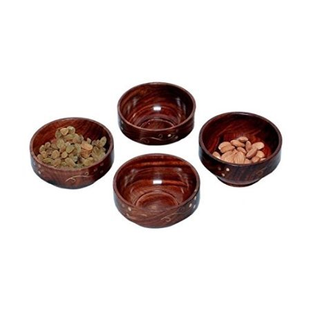 Desi Karigar Wooden Handmade With Brass Work Bowl Size-lxbxh-4x4x2 inch Set Of 4