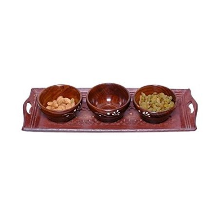 Desi Karigar Wooden Handmade 3 Dry Fruit bowl & 1 Serving Tray