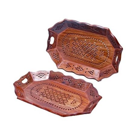 Desi Karigar Wooden Fancy Design Serving Tray Size-lxbxh-14x10x1 Inch Set Of 2