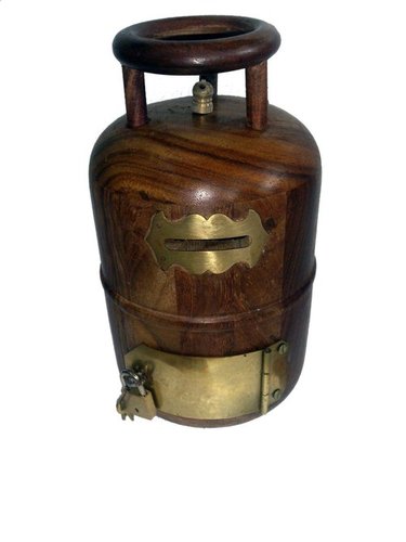 Desi Karigar Wooden Money Bank Cylinder Shape ( Brown, Height - 9 inch Base Size - 5 inch )