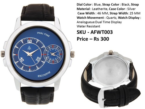 Fashion Wrist Watch - Leatherite Strap, 46 MM Silver Case, Blue Dial, 25 MM Strap Width | Quartz Movement, Water Resistant, Analogue Dual Time Display