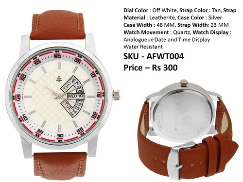 Men Wrist Watches - Leatherite Strap, 48MM Silver Case, Off White Dial, Quartz Movement, Water Resistant, Date & Time Display, 3 Months Warranty