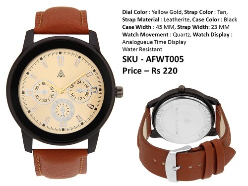 Mans Fashion - Leatherite Strap 23 MM, Black Case 45 MM, Yellow Gold Dial | Quartz Movement, Analogue Display, Water Resistant