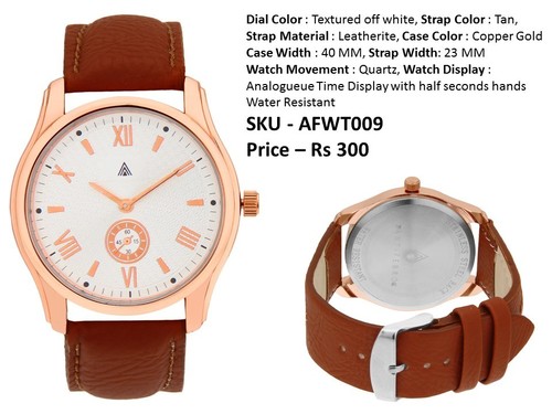 Leather Wrist Watches - Leatherite Strap, 40MM Copper Gold Case, Off White Textured Dial, Quartz Movement, Water Resistant, 3 Months Warranty