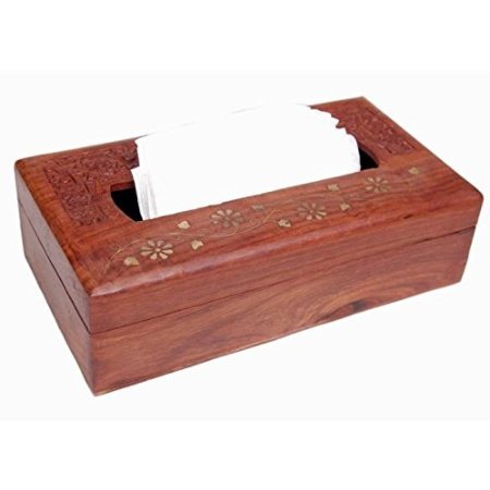 Desi Karigar Wooden Tissue Box with Brass and carving work