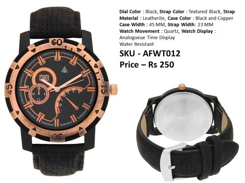Stainless Steel Watch - 45mm Black and Copper Case, Textured Black Leatherite Strap 23mm | Quartz Movement, Water Resistant, 3 Months Warranty
