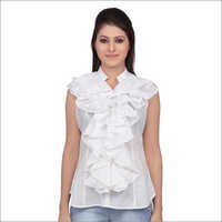 Women Tops - Cotton Material, Casual Style , White Sleeveless Plain Design