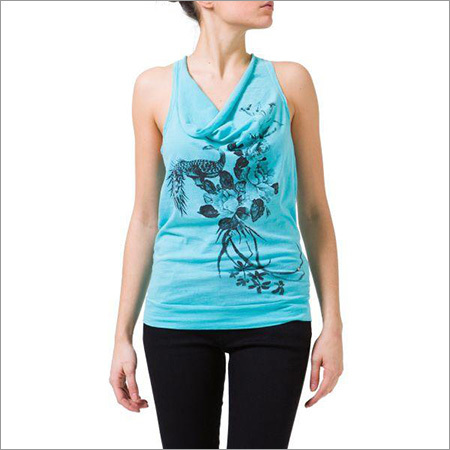Ladies Fashionable Tops - Cotton, Casual Dress, Sky Blue Color - Printed Pattern, Sleeveless Style