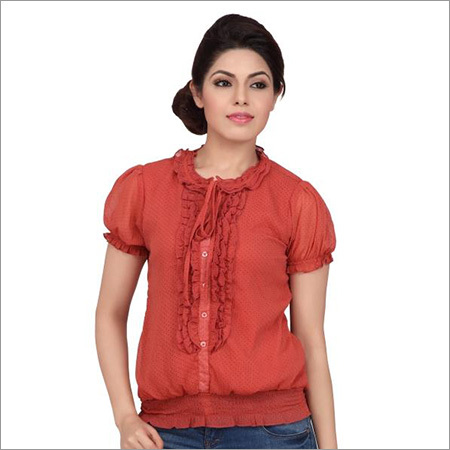 Cambric Ladies Tops - Cotton Casual Top | Short Sleeves, Plain Pattern