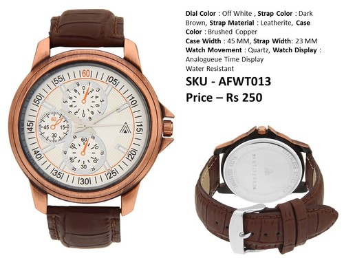 Automatic Chronograph Watch - Leatherite Strap 45 MM Brushed Copper Case Off White Dial Dark Brown Strap Quartz Movement Water Resistant