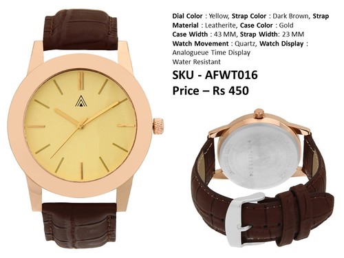 Quartz Wrist Watch - Gold Case 43 MM, Yellow Dial and Dark Brown Leatherite Strap | Water Resistant, Analogue Display, 3 Months Warranty