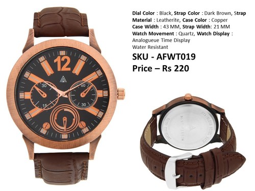 Casual Watches - Leatherite Strap 21 MM, Black Dial, Copper Case 43 MM | Quartz Movement, Water Resistant, 3 Months Warranty