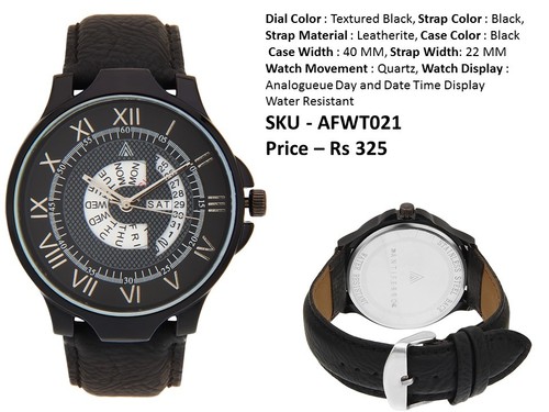 Metal Watch - Textured Black Dial 40 MM Case Width Leatherite Strap 22 MM | Quartz Movement Day and Date Display Water Resistant 3 Months Warranty