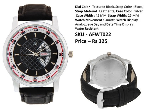 Leather Straps Watches - Textured Black Dial, Silver Case 45 MM, Black Leatherite Strap 25 MM | Quartz Movement, Analogue Day and Date Display, Water Resistant