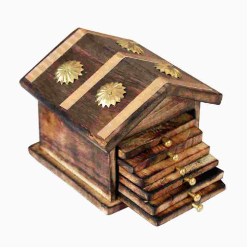Desi Karigar Wooden & Brass Antique Hut Shape Coaster Set Home Decor Gift Item