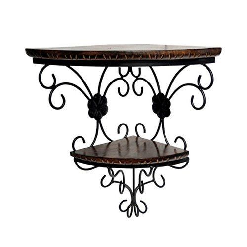 Desi Karigar Wrought Iron And Wooden Shelf Fancy Double Bracket Shelf Size (LxBxH-14x9.5x18) Inch