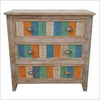 Reclaimed Carved Furniture - Reclaimed Wood, 36x18x24 Inches, Multi-color Paint | Hand-carved, Three Drawers, Metal Knobs, Durable, Multi-functional
