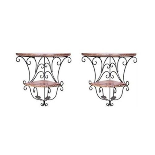 Desi Karigar Home Decor Wall Hanging Fancy Double Bracket Wooden Iron Wall Shelf Set of 2