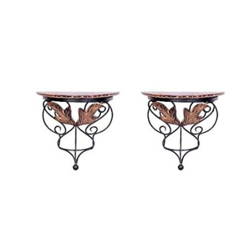 Desi Karigar Wood Shelf And Wrought Iron Hand carved leaf design wall bracket set of 2