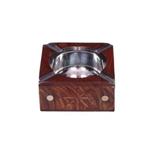 Desi Karigar Wooden Antique Hand Carved Ashtray With Brass Inlay