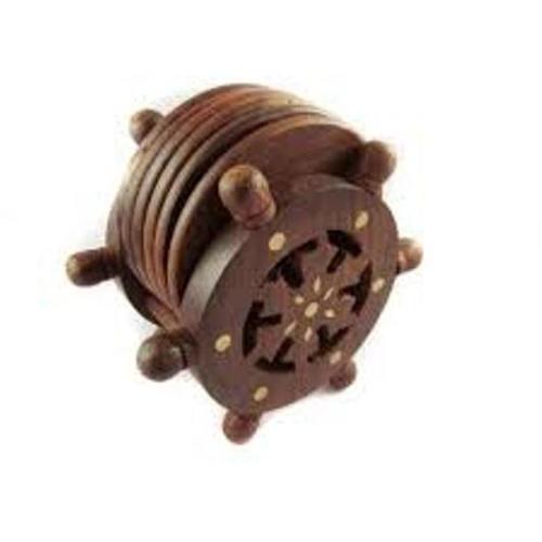 Desi Karigar Wooden Coaster Set Designed In Ship Wheel ( Brown, 4 inch )