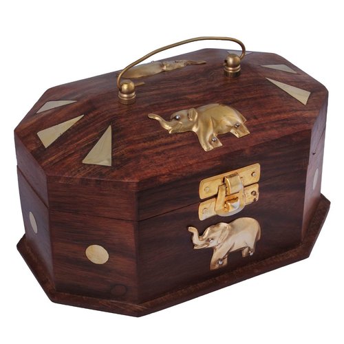 Wood Desi Karigar Wooden Jewellery Box With Embossed Brass Elephant