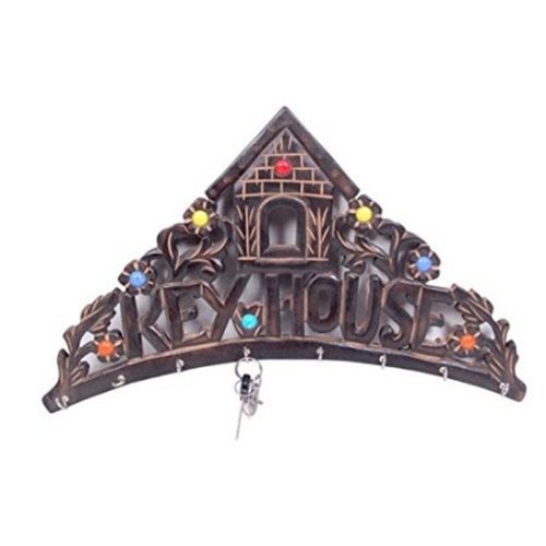 Desi Karigar Wooden Key Holder In Hut Shape With Handicraft Design