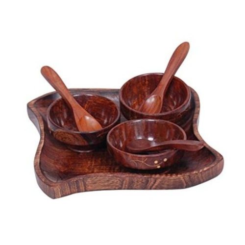 Desi Karigar Wooden kitchen ware Dry Fruits Tray & Snacks With 3 Bowl & 3 Spoon By DESI KARIGAR