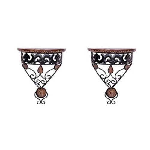 Desi Karigar Wooden Shelf And Wrought Iron Wall Bracket D-Shape set of 2