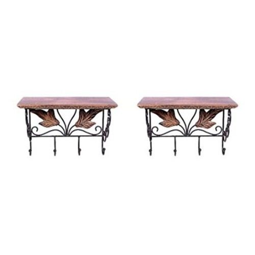Desi Karigar Wooden Shelf And Wrought Iron Wall Bracket Book Rack Cloth Hanger Set of 2
