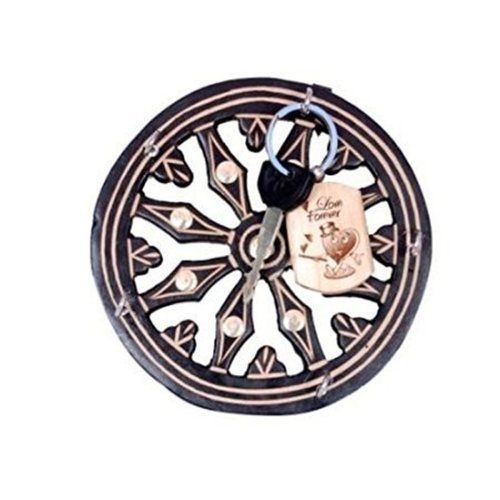 Desi Karigar Wooden Key Holder In Wheel Shape With Handicraft Design And Brass Inlay