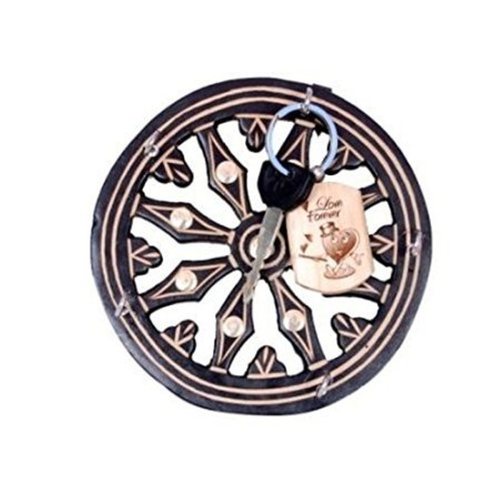Desi Karigar Wooden Key Holder In Wheel Shape With Handicraft Design and Brass Inlay