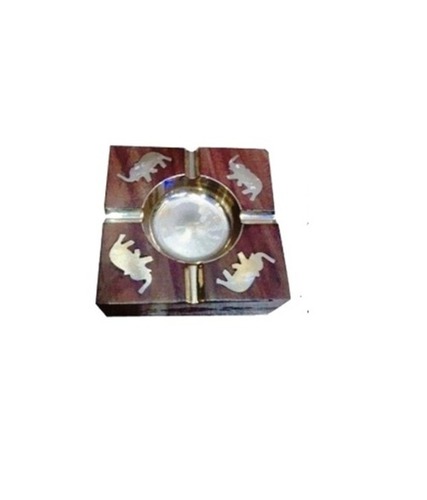 Desi Karigar Wooden Premium Quality Antique Ashtray With Brass Elephent Design``