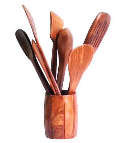 Desi Karigar Brown Wooden Spatula Set Of 7 Spatulas With A Holder