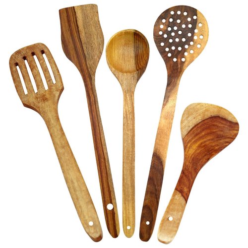 Desi Karigar Handmade Wooden Serving and Cooking Spoon Kitchen Tools Utensil, Set of 5
