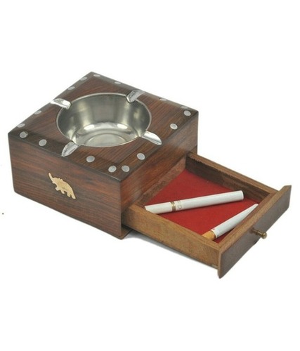 Desi Karigar Brown Wooden Ash Tray With Cigarette Drawer